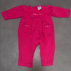 VINTAGE Magenta Pink Baby Onesie Romper with Embroidered Flowers Floral Details